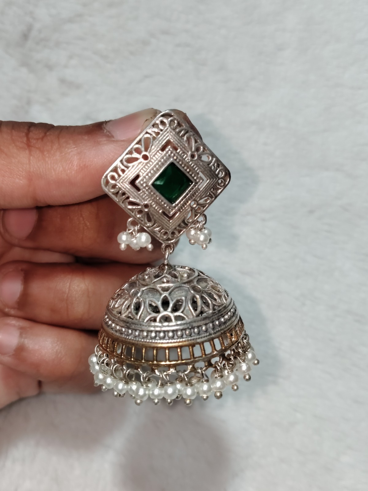 Zakiya Handcrafted Silver Jhumka Earrings with Green Square Stone Roz Jeweller.