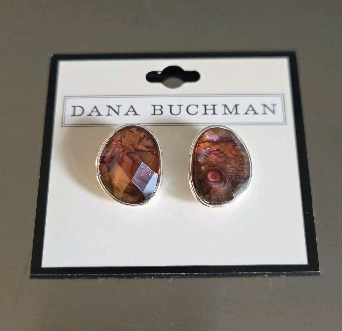 Dana Buchman Oval Faceted Brown Stud Earrings Bezel Set NWT