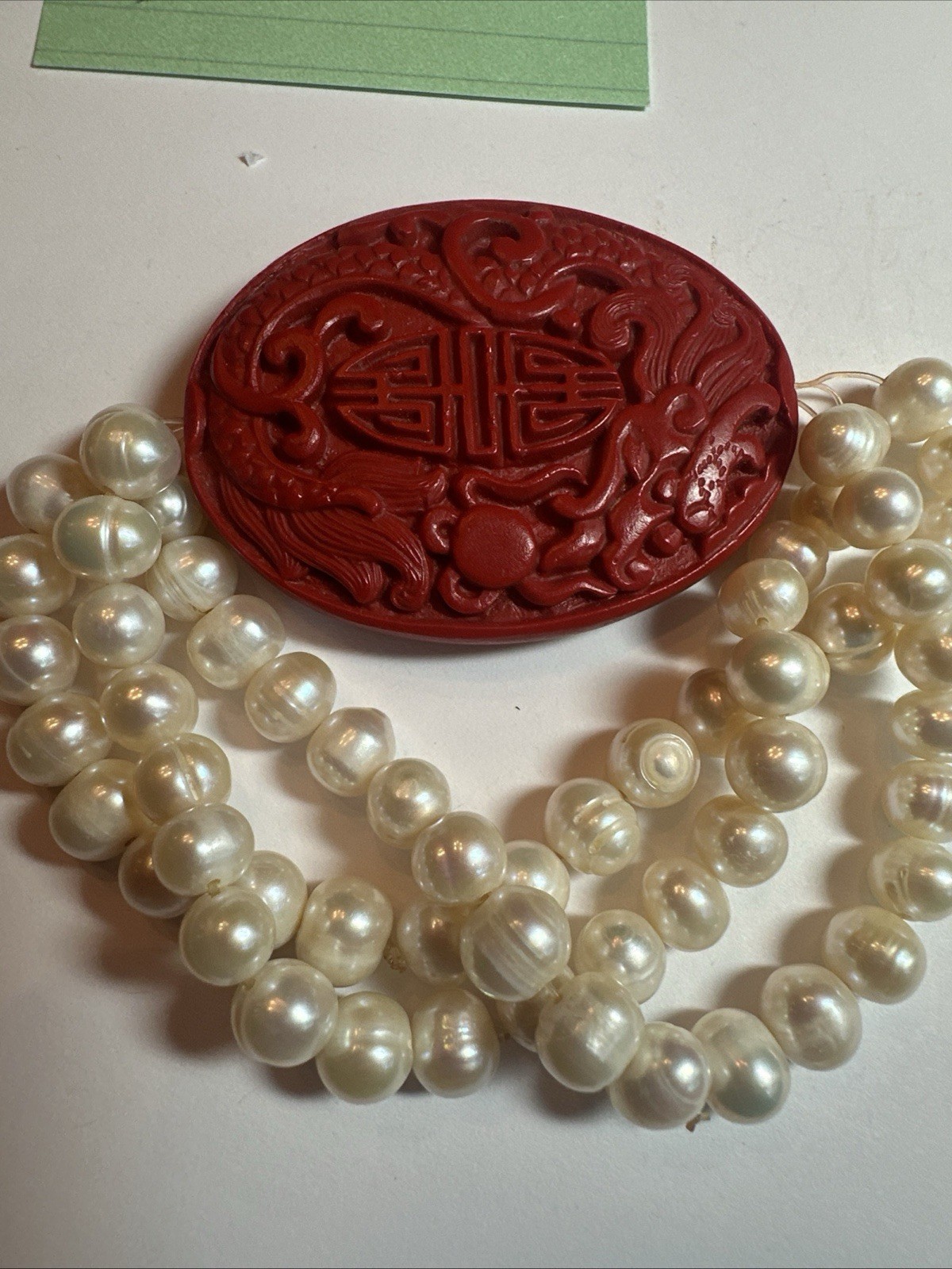 Lipstick Red Faux cinnabar And Fresh Water Pear 3 Strand Stretch Bracelet