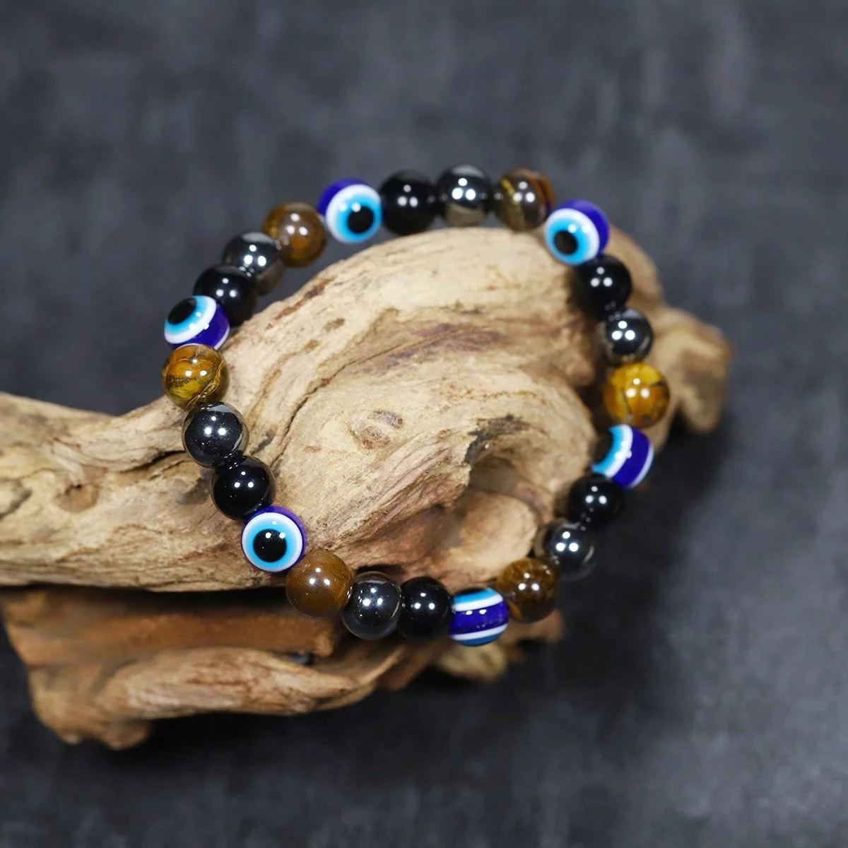 1pc Handmade Natural Stone Tiger’s Eye Devil’s Eye Beaded Bracelet, unisex