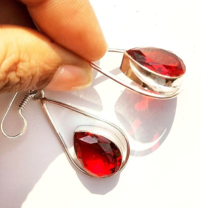 Mozambique Garnet Gemstone 925 Sterling Silver Handmade Jewelry Earrings 2.10″