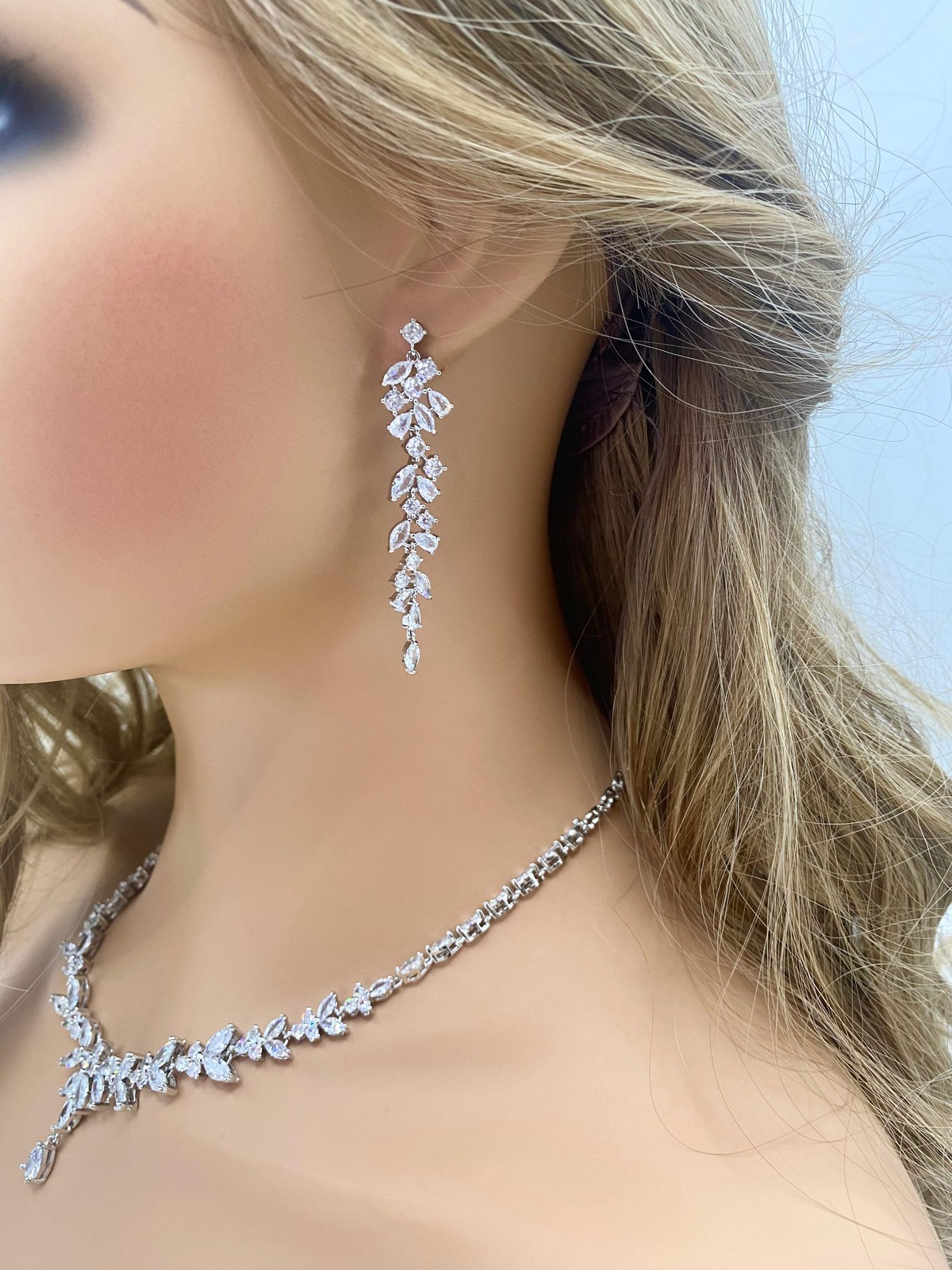 Crystal CZ Wedding Necklace Set, Gift for Her, Bridal Jewellery, Droplet Earring