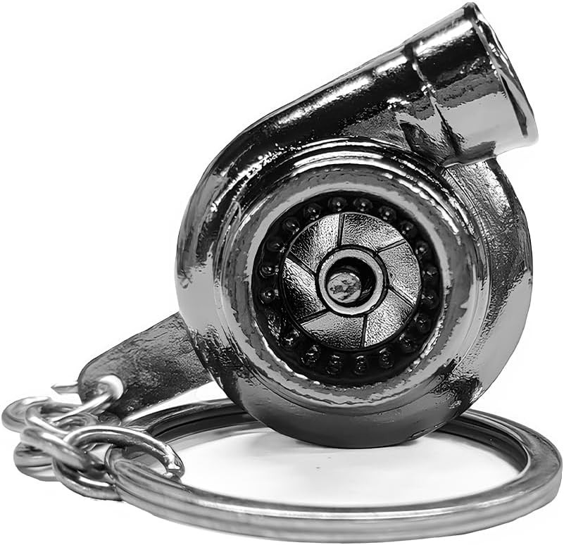 Turbo Keychain, Creative Metal Spinning Turbocharger Key Fob Ring Color: Black