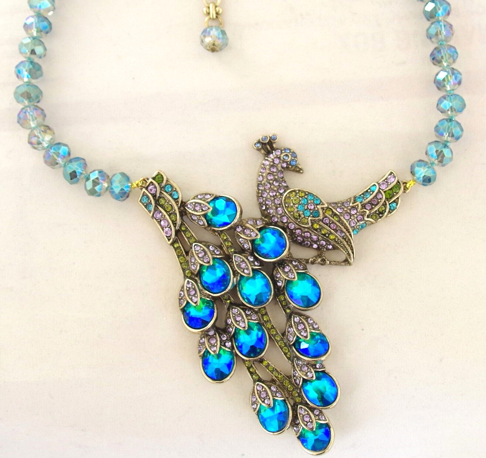 NWOT DESIGNER STYLE PEACOCK RHINESTONE PEACOCK BIRD AB CRYSTAL BEAD NECKLACE