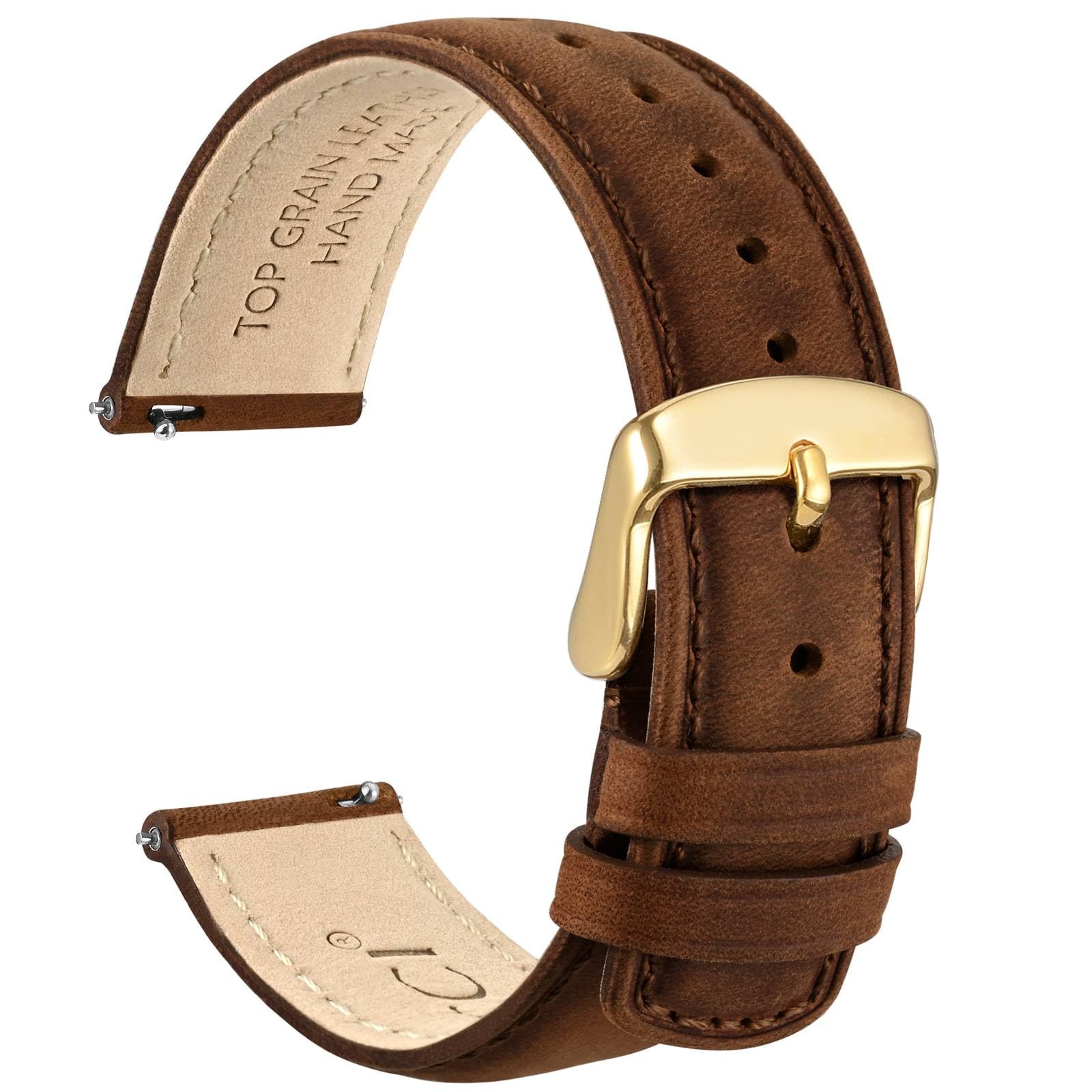Leather Watch Band 18mm Genuine Golden Buckle Bistre Brown WOCCI Women Grain