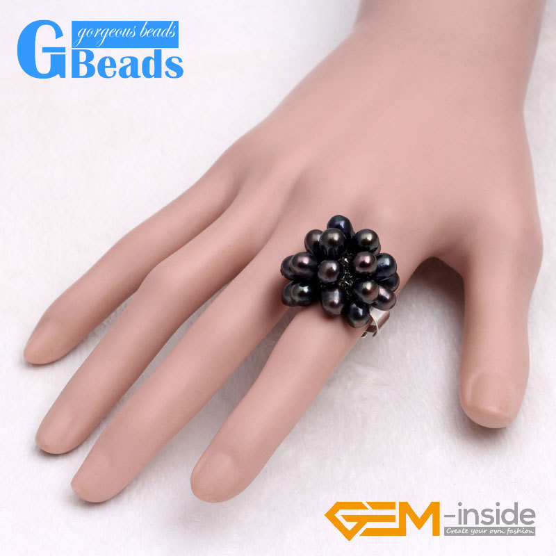 Charm Black White Purple Pink Freshwater Pearl Silver Plated Ring Women #7- #6
