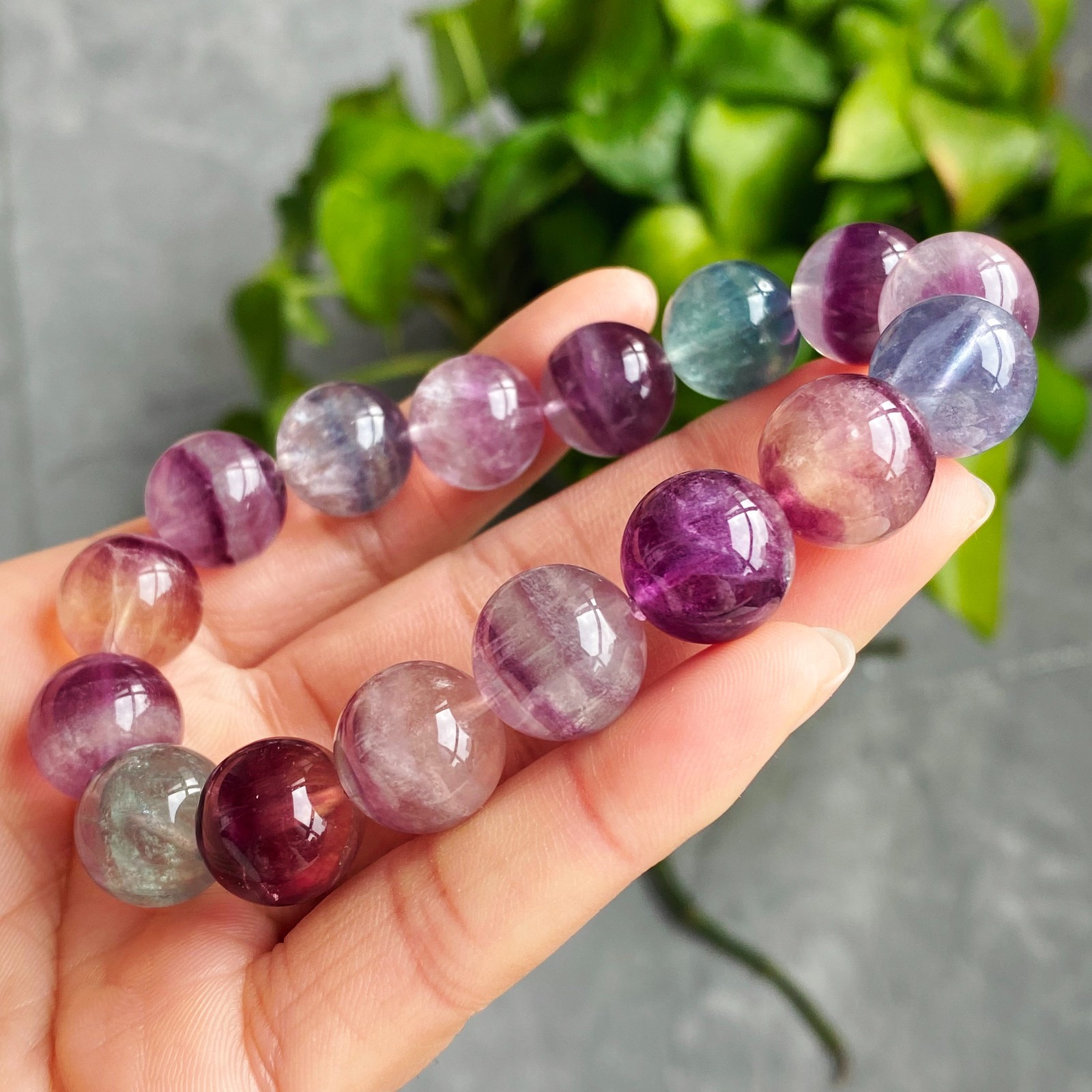 13.7mm Natural Color Fluorite Quartz Crystal Gemstone Beads Bracelet 2889