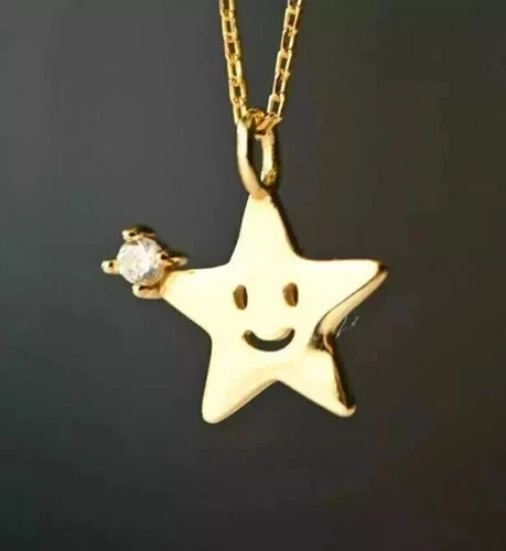Charm Star Pendant With Chain 14K Yellow Gold Finish Simulated Round Cut Diamond