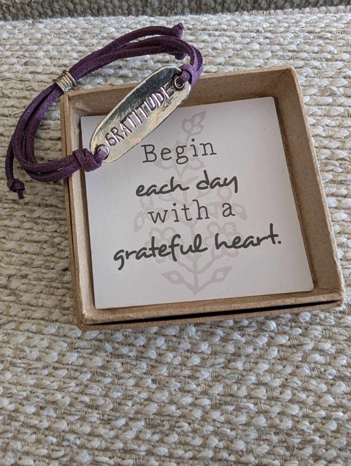 Engraved GRATITUDE Bracelet Purple Soft Suede Adjustable Cord