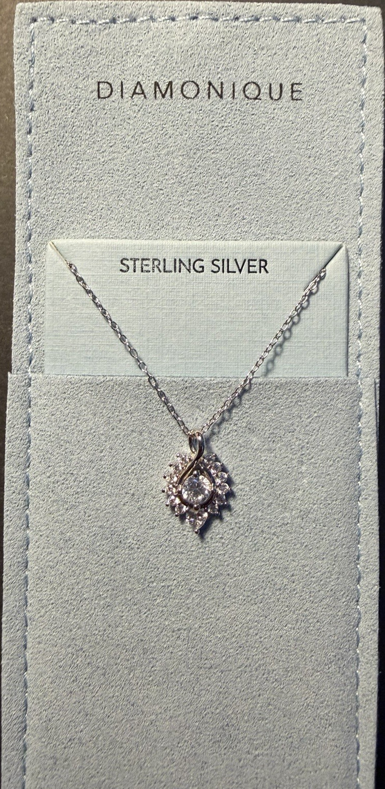 Diamonique 925 Sterling Silver Simulated CZ Halo Round Pendant Necklace