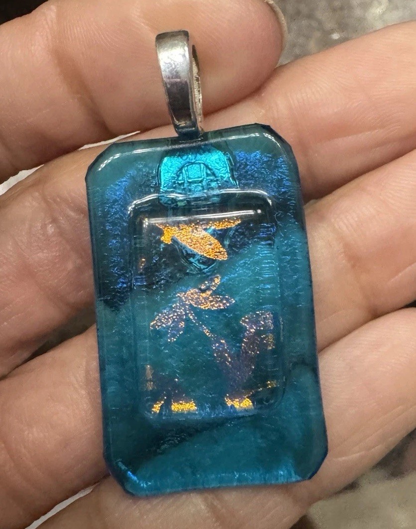 Vintage, Japanese inspired blue resin pendant with embedded Iridescent flakes