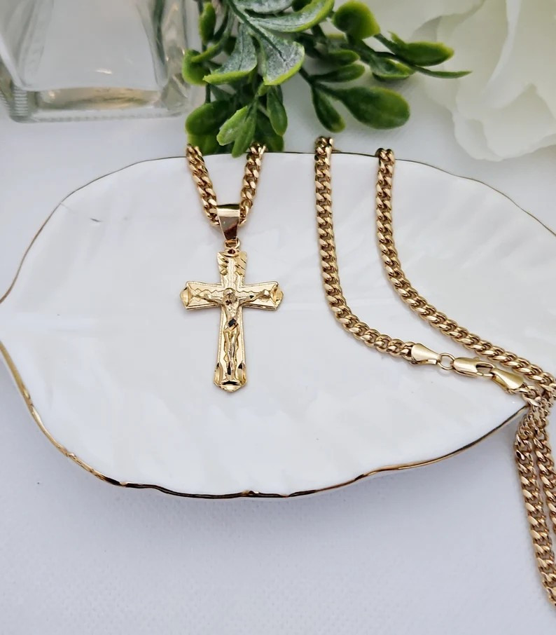 Gold Crucifix Necklace, 4mm Curb Style Chain, 14k Heavy Plated