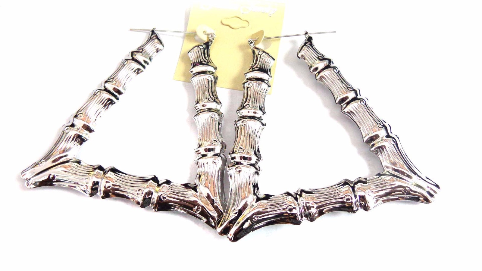 TRAPEZOID BAMBOO EARRINGS SILVER TONE HOOP EARRINGS 4 INCH TRIANGLE BAMBOO