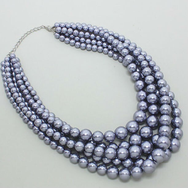 CHUNKY 5 ROW SILVER GRAY PEARL CASUAL, FORMAL FASHION NECKLACE JEWELRY SET**