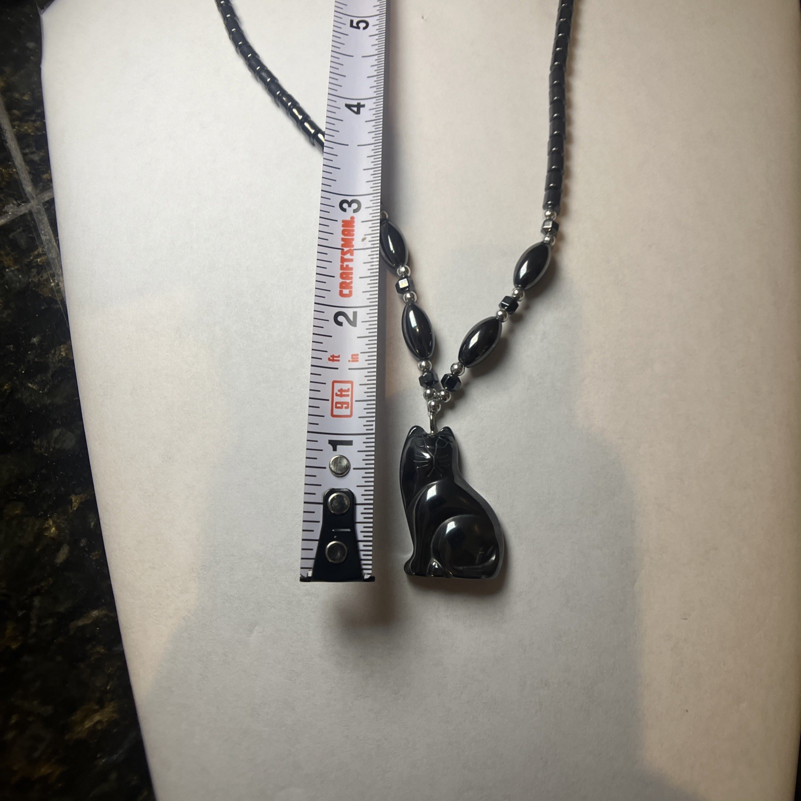 Black Hematite Cat Pendant Necklace – Beaded Chain, Vintage Style Kitty Jewelry