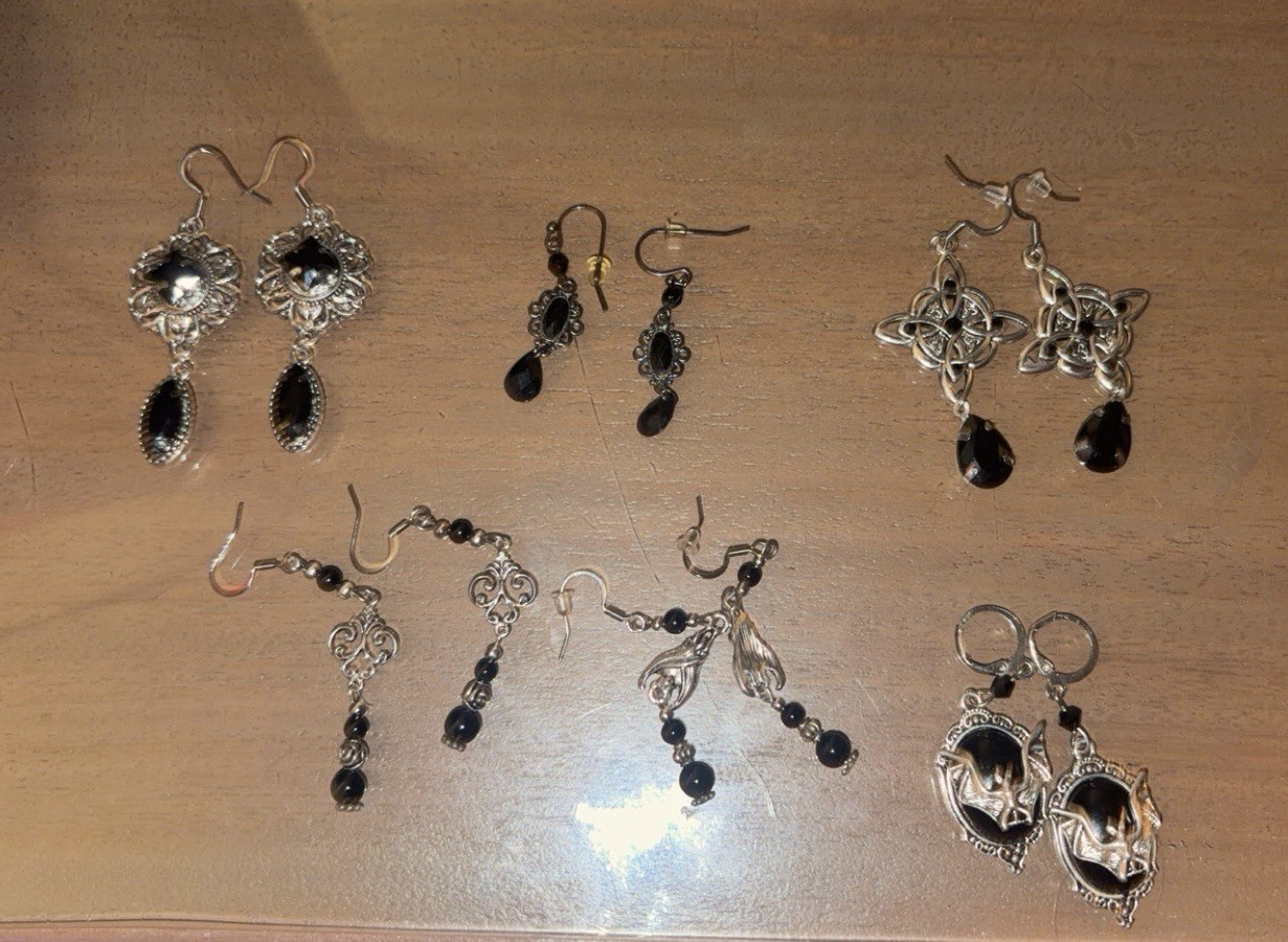 Lot of 5 Pairs Goth/Alt Metal Dangle/Drop Hook Earrings Silver & Black