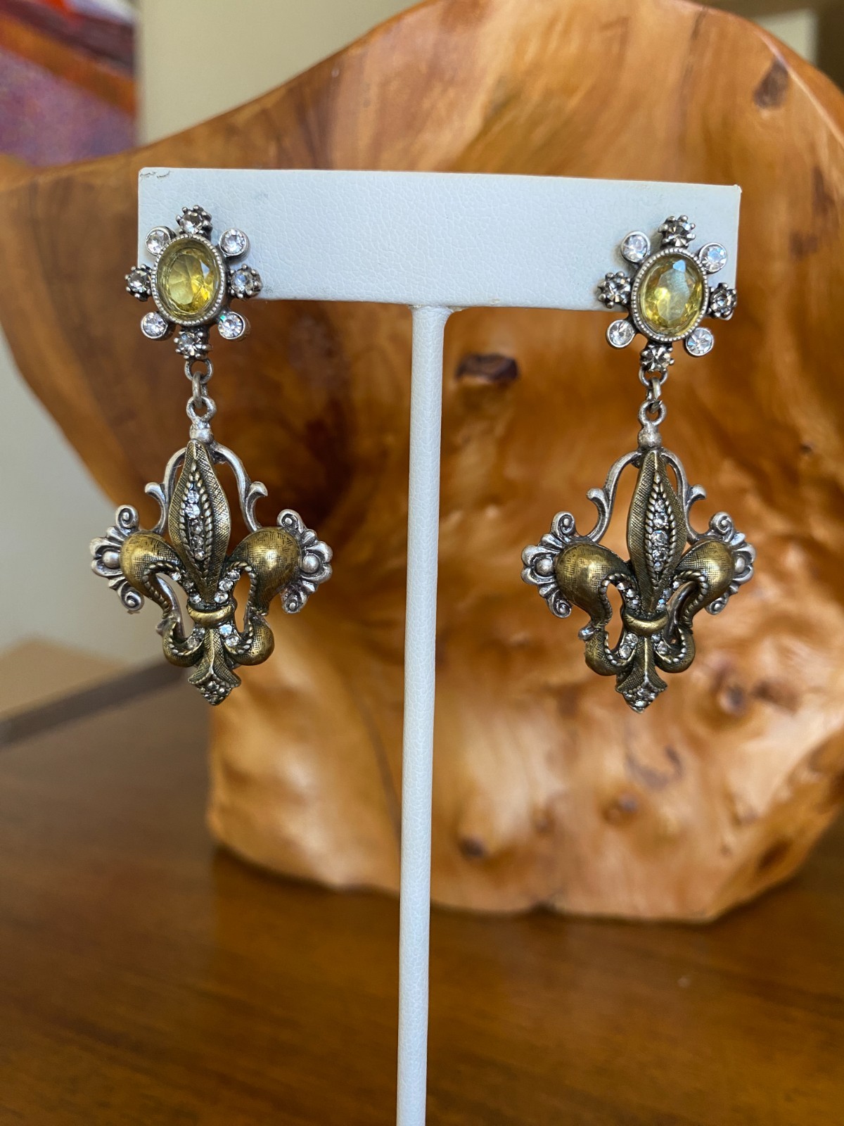 Sweet Romance French Fleur De Lis Earrings Burnished Silver & Bronze & Crystals