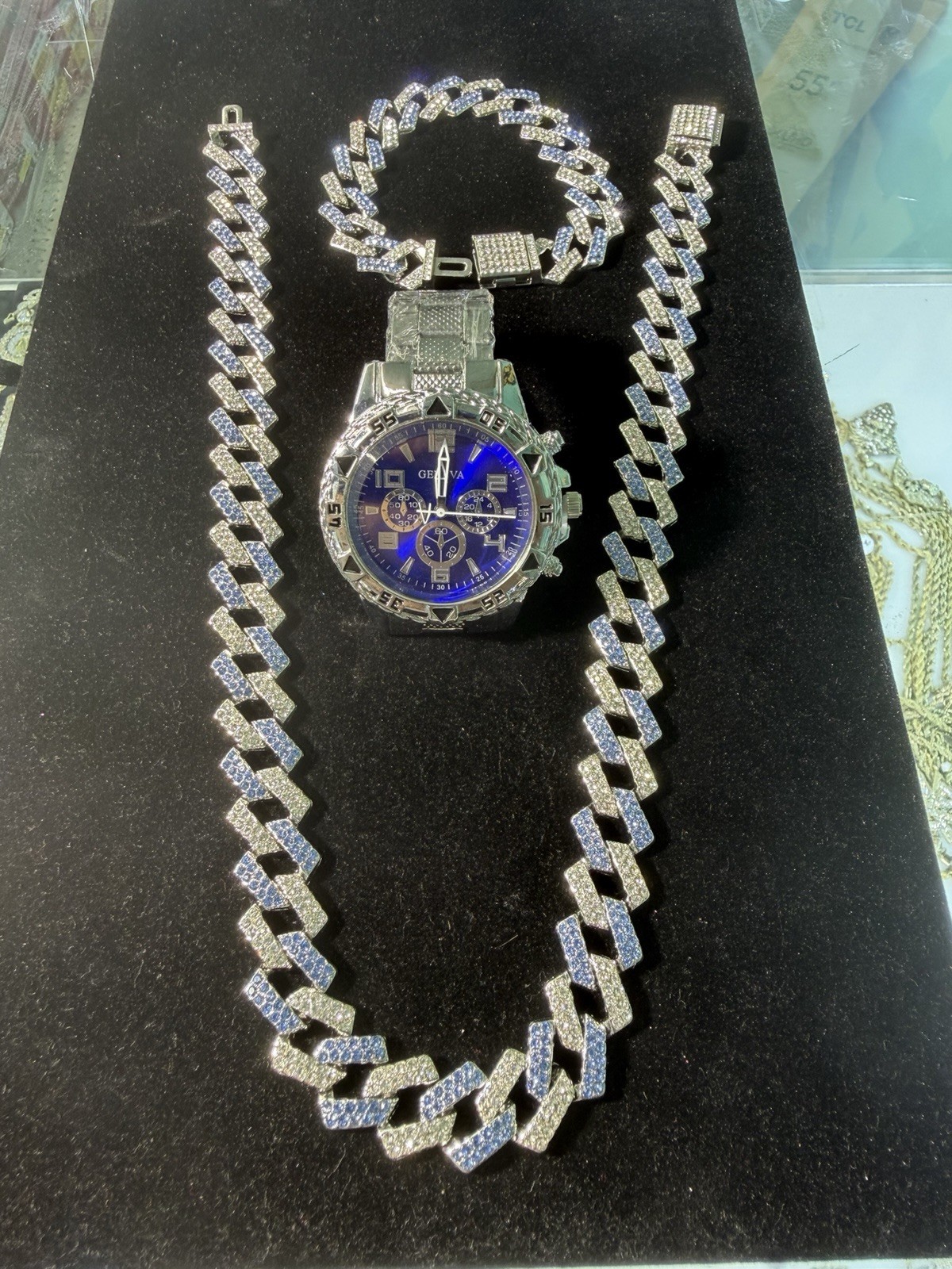 Geneva Silver Tone Iced Out Rhinestone Necklace Bracelet Cross Pendant Ring Set