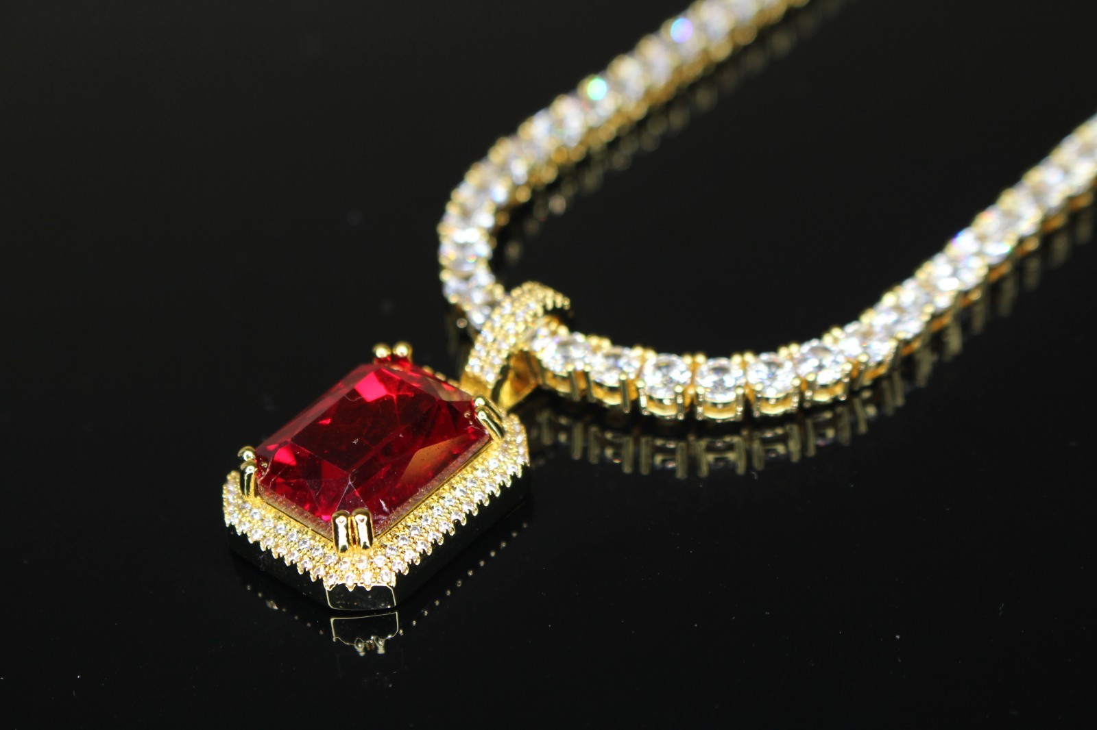 RED RUBY Sapphire Pendant Tennis 75.8ct Lab Sim Gem Diamond Chain Necklace GOLD