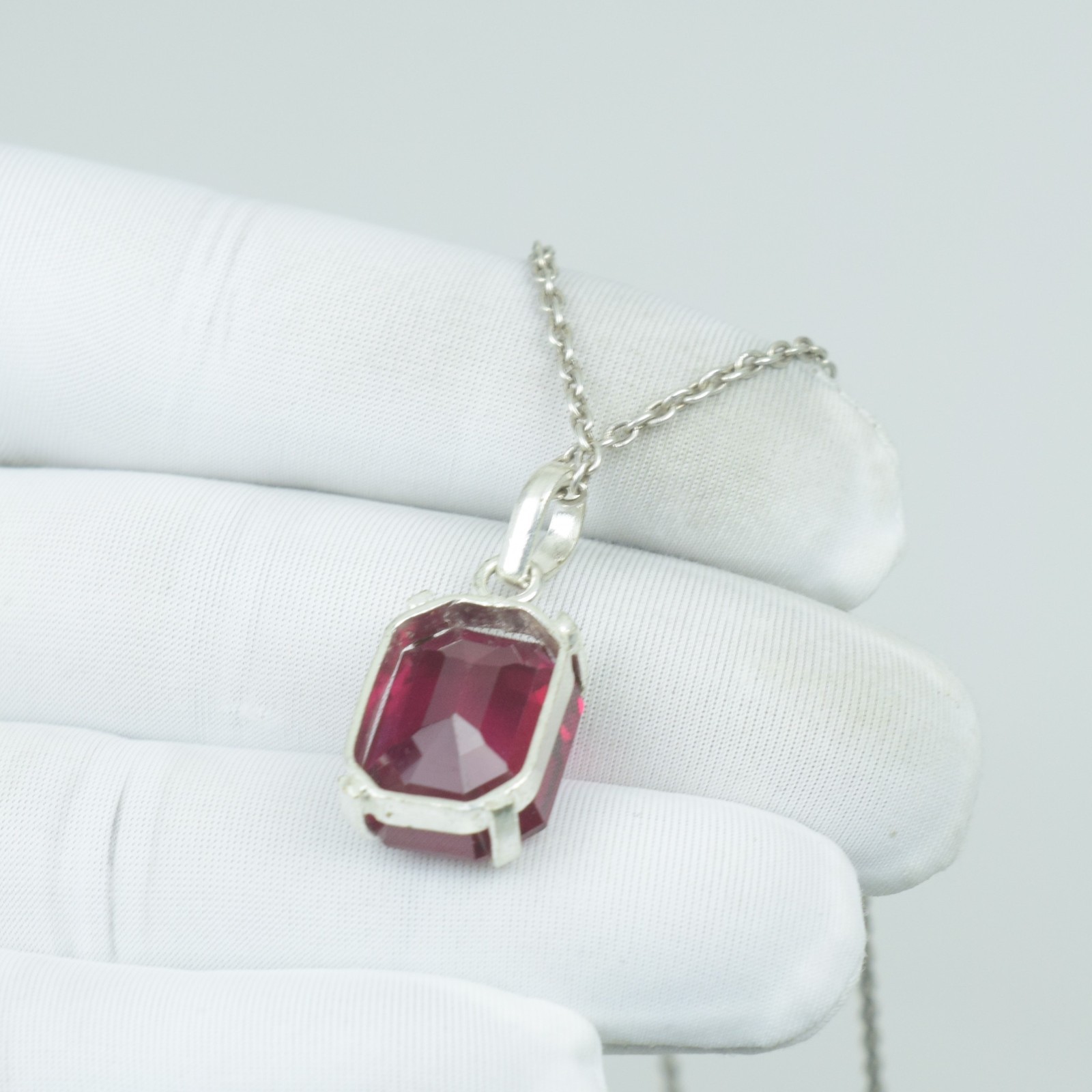 Garnet Red Octagon 925 Solid Sterling Silver Necklace, Birthstone Gift Pendant,