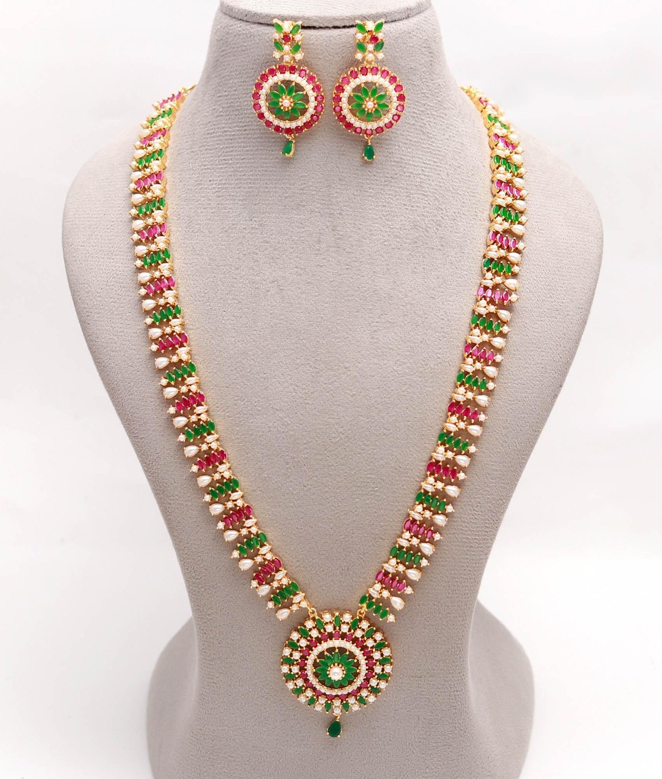 Ruby Emerald Pearl Long Necklace & Earring Set 22K Gold Plated | Wedding Jewelry