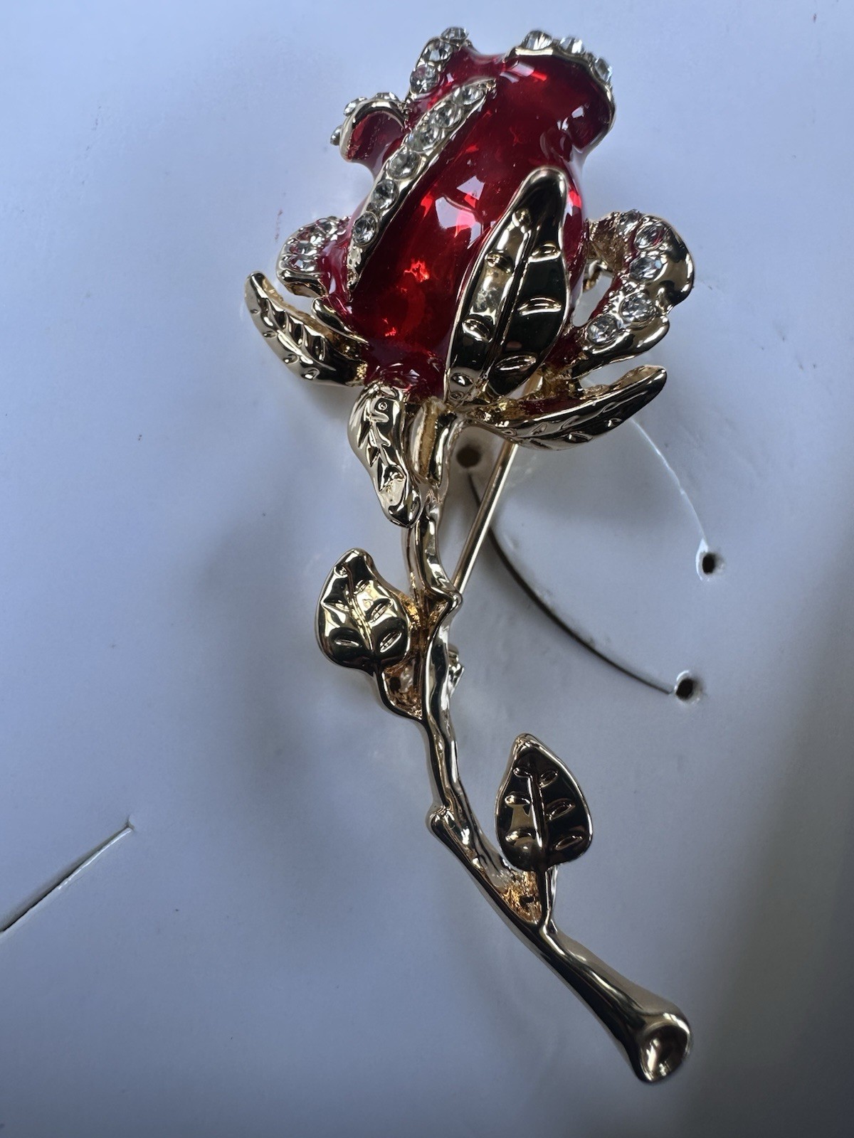Gold Tone Red Crystal Rose Flower Brooch Pin, Metal Floral Jewelry