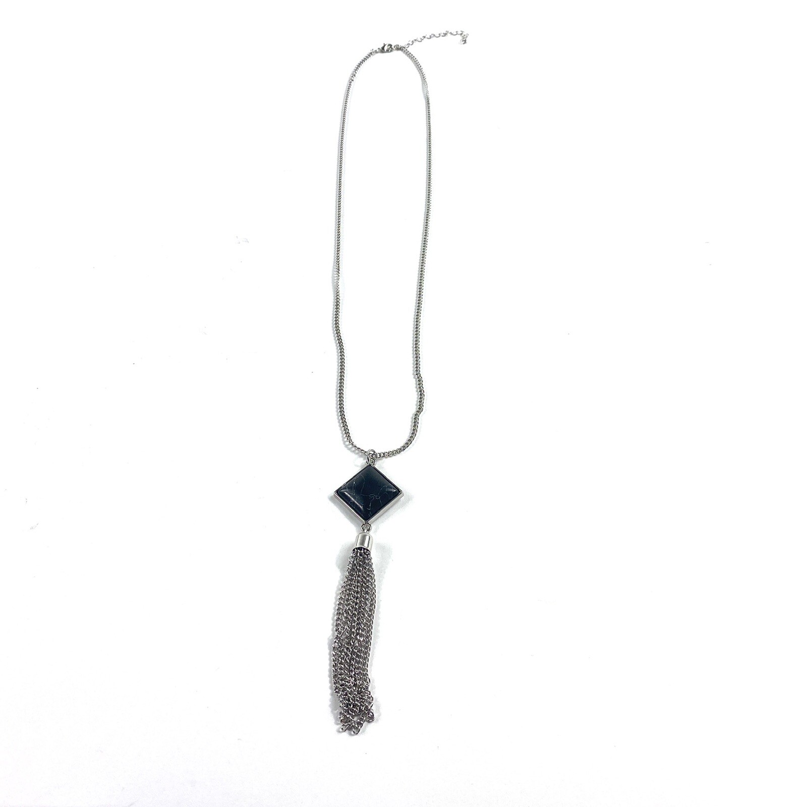 Toni 20×20 mm Composite Black Howlite Silvertone Pendant Long Chain Necklace