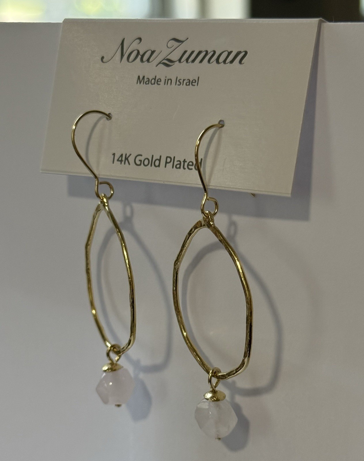 NOA ZUMAN Made In Israel 14K Gold Plated Rose Quartz Hoop Earrings
