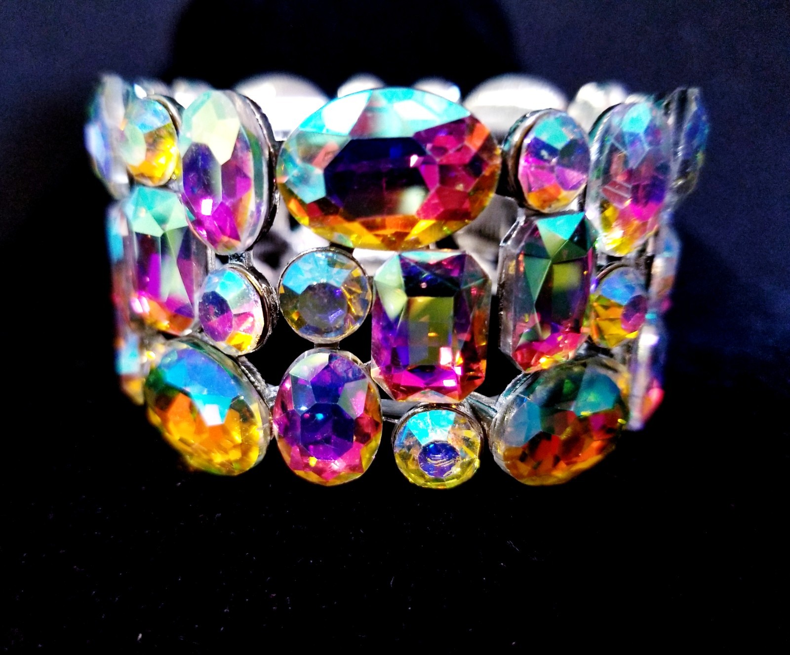 Iridescent Silver Rhinestone Stretch Bracelet Statement Drag Pageant Prom Bridal