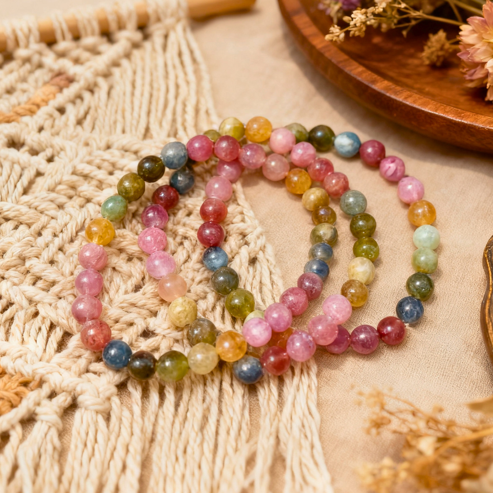 Rainbow Tourmaline 6mm Round Beads Healing Chakra Balancing Woman Bracelet Gift