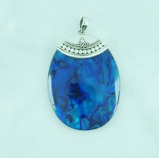 Blue Abalone Paua Shell Oval 925 Sterling Silver Handmade Pendant Necklace NEW!