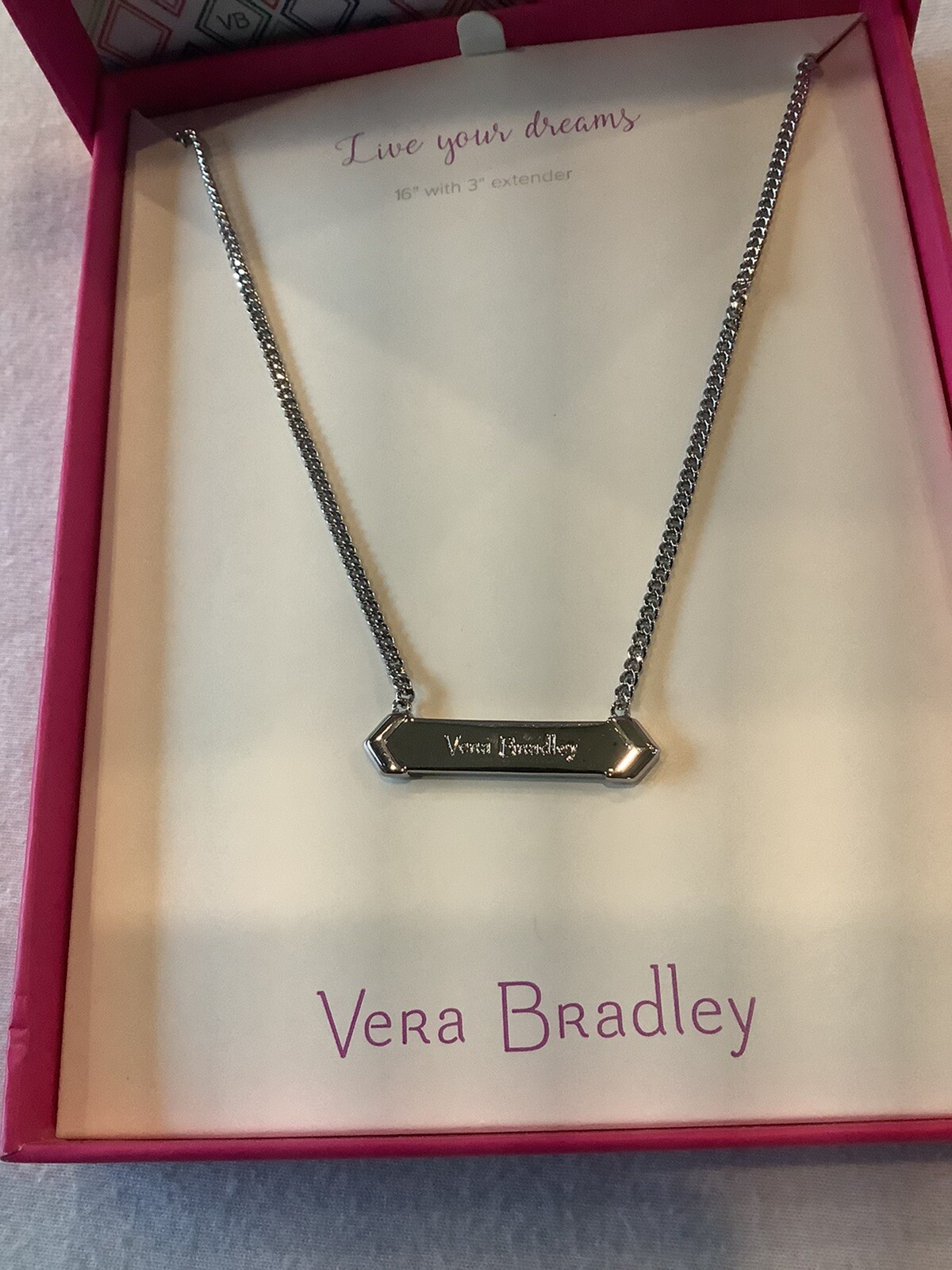 NWOT~Vera Bradley Silver Tone Live Your Dreams Bar Necklace