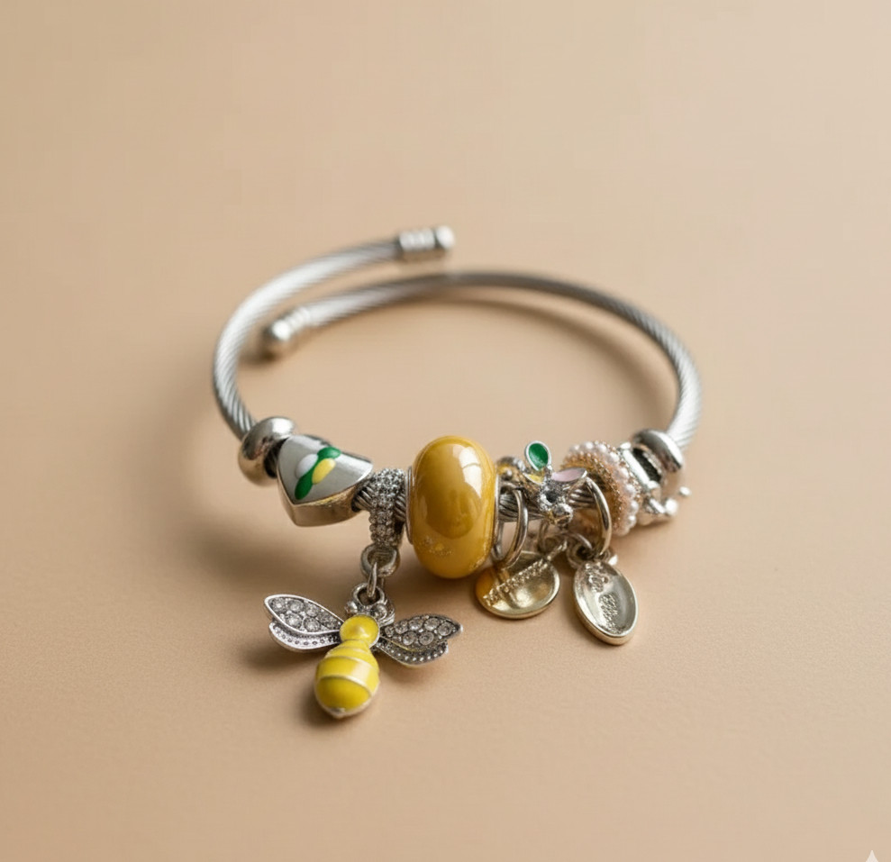 Honey Bee Bracelet for Women Silver Bangle with Charms, Cute Bee Gift Jewelry