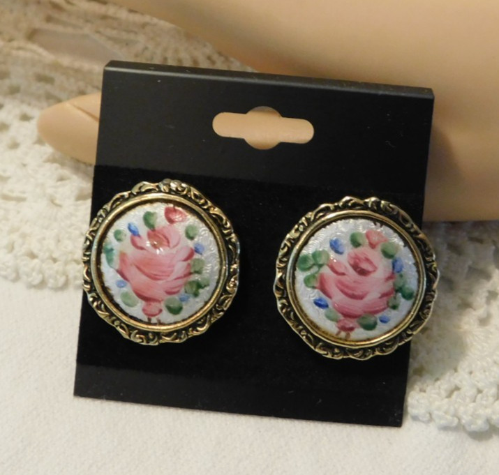 Vintage Guilloche Cloisonne Hand Painted Enamel Flowers Clip On Earrings