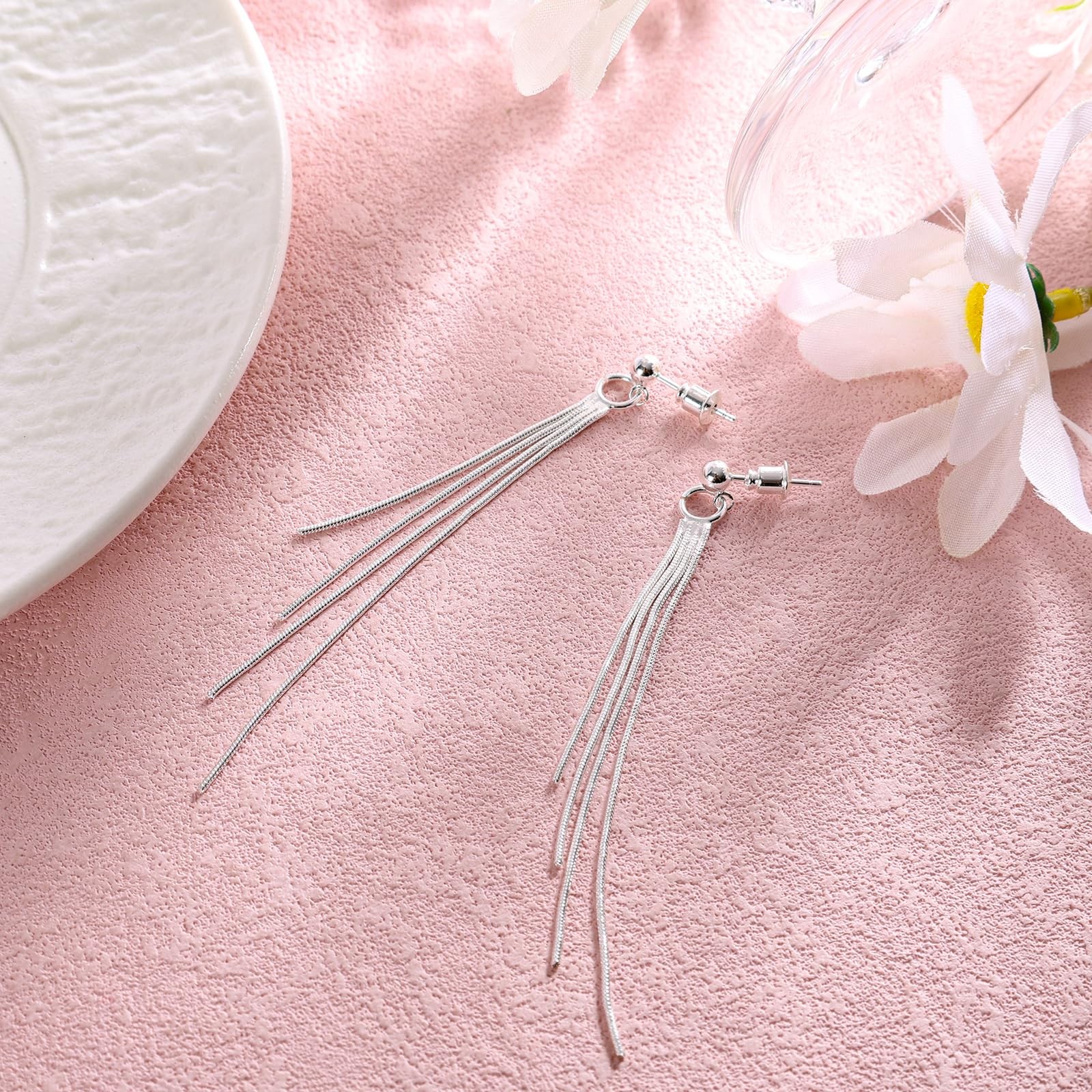 Long Tassel Drop Chain Earrings, Elegant Threader Medium, Silver