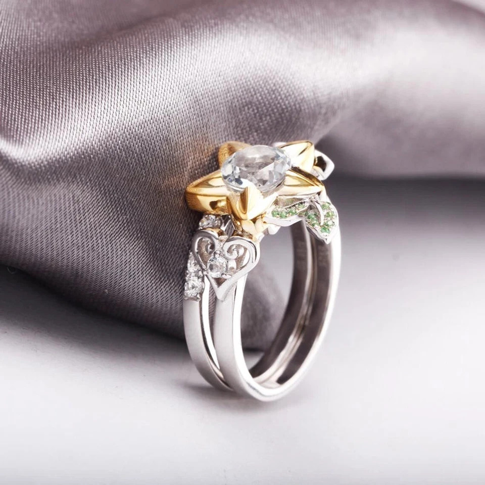 Star Fruit & Heart 1.5Ct Round CZ Wedding Engagement Ring & Band Set 925 Silver