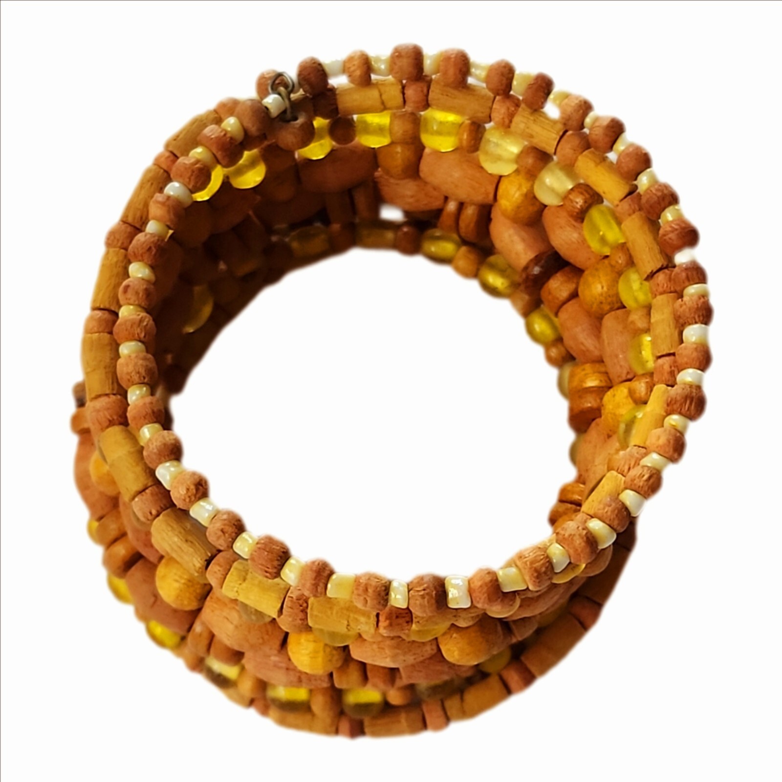 Yellow Glass and Wood Bead Memory Wire Tribal Style Wrap Bracelet Boho