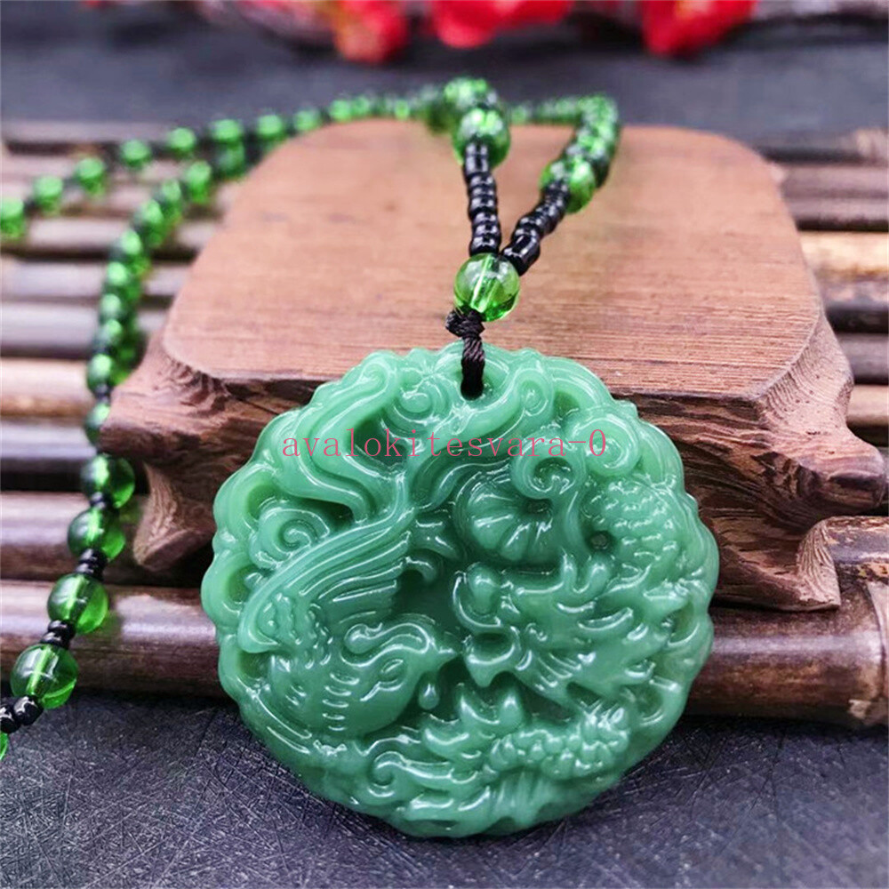 Green Jade Stone Hand-Carved Dragon Phoenix Jade Pendant Necklace ChineseAmulet