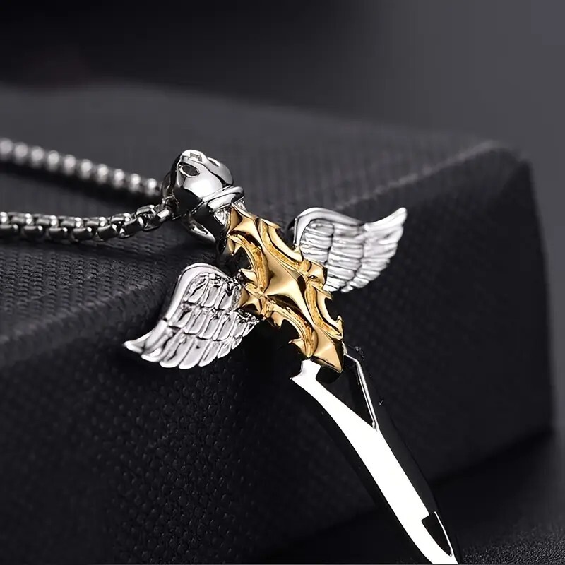 60cm Angel sword & wings titanium steel Cross Necklace for both Male and Female