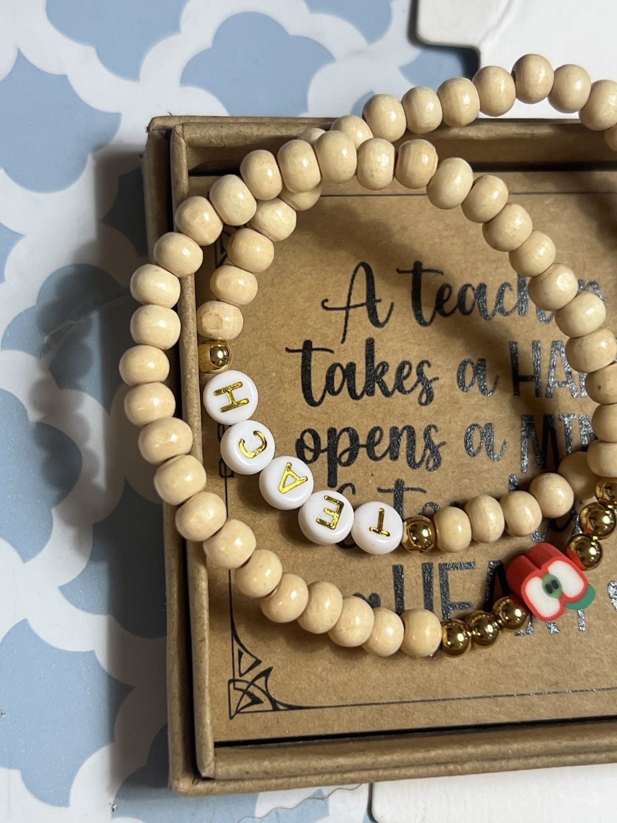 2pc Teacher Stretch Beaded Bracelet Set TEACH Letter Wood/Plastic Apple Charm