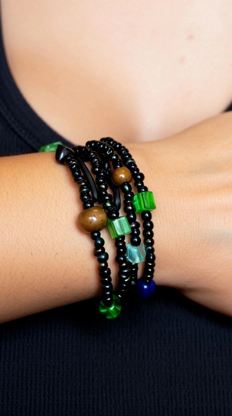 2 Memory Wire Green & Multi Color Peacock Beads Layered Bracelet Fits All Wrists