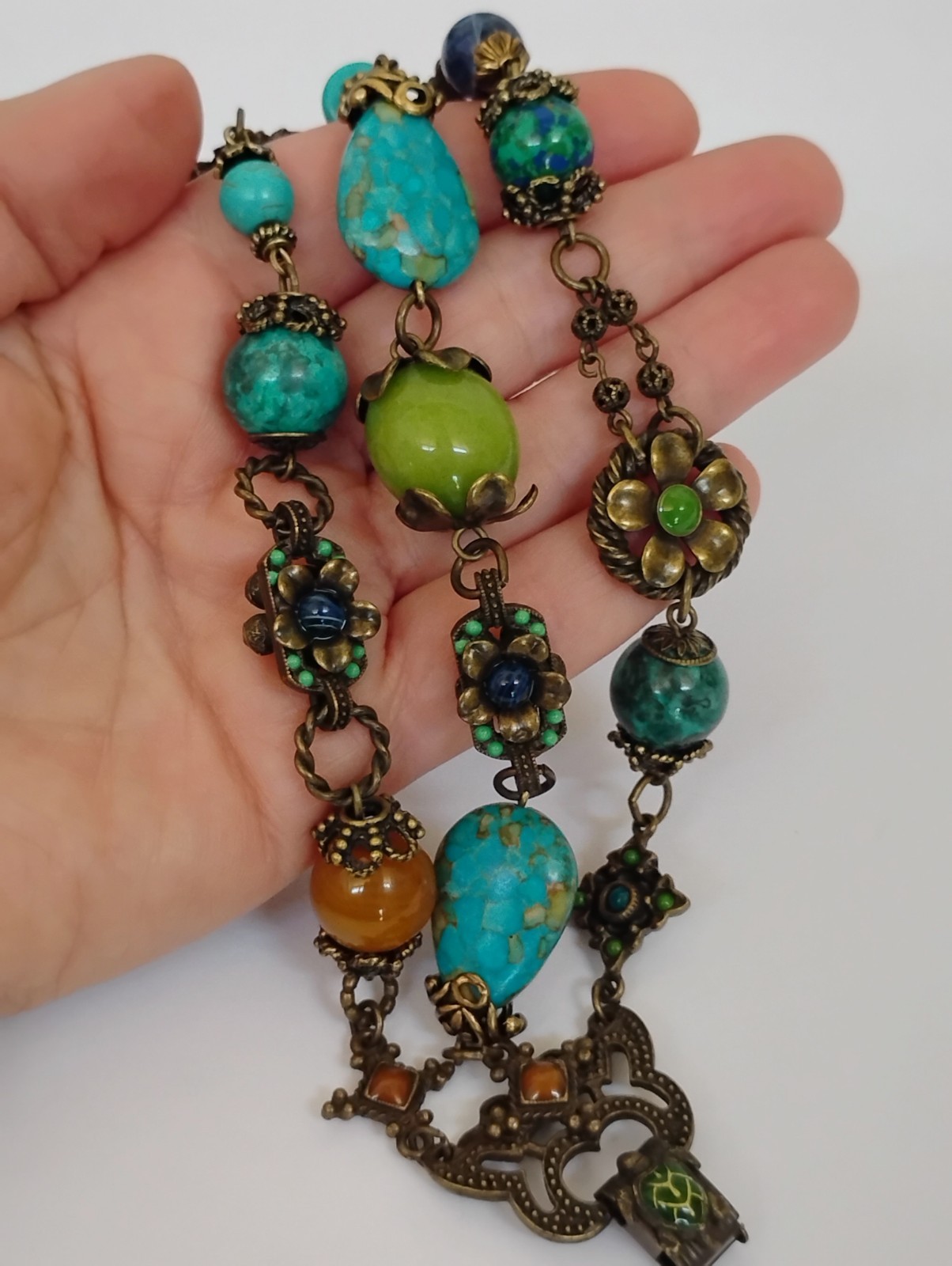 Sweet Romance USA Boho Multi Simulated Stone 3 Strand Floral Bracelet Pristine