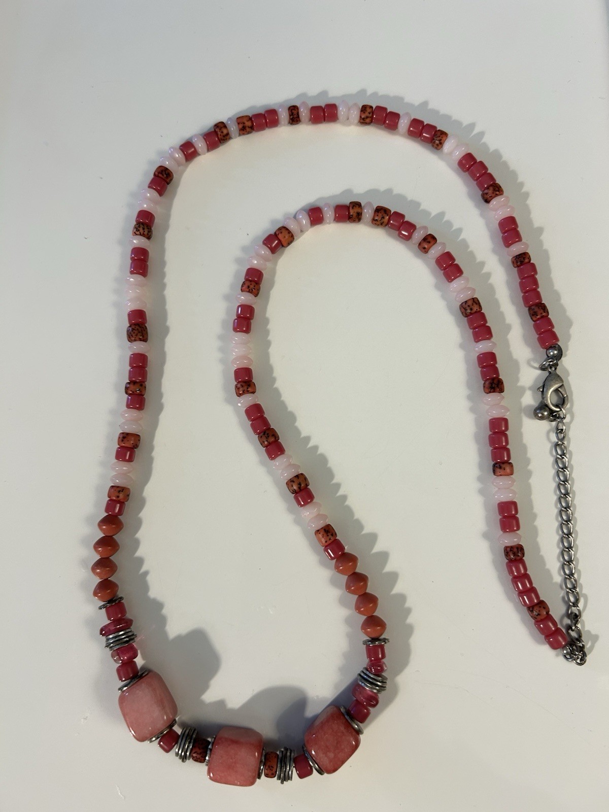 Chico’s Beaded Statement Necklace Red Tones 38 + 4 Inches