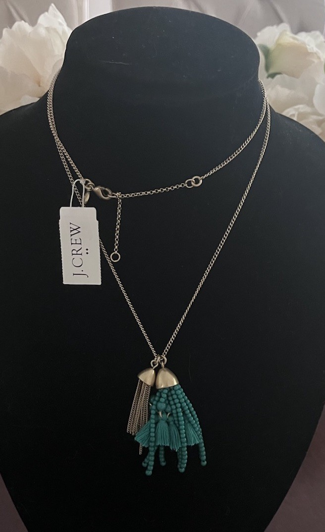 J Crew Teal Green Double Gold Tassel Front Seed Bead Beaded Chain Necklace NWT