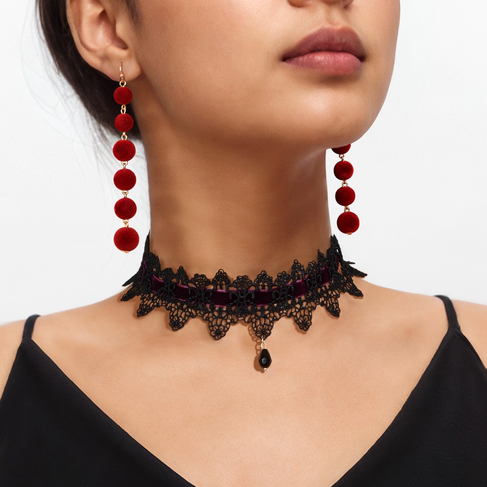 Black Hollow Lace Purple Velvet Choker Necklace Wine Red Ball Dangle Earring set