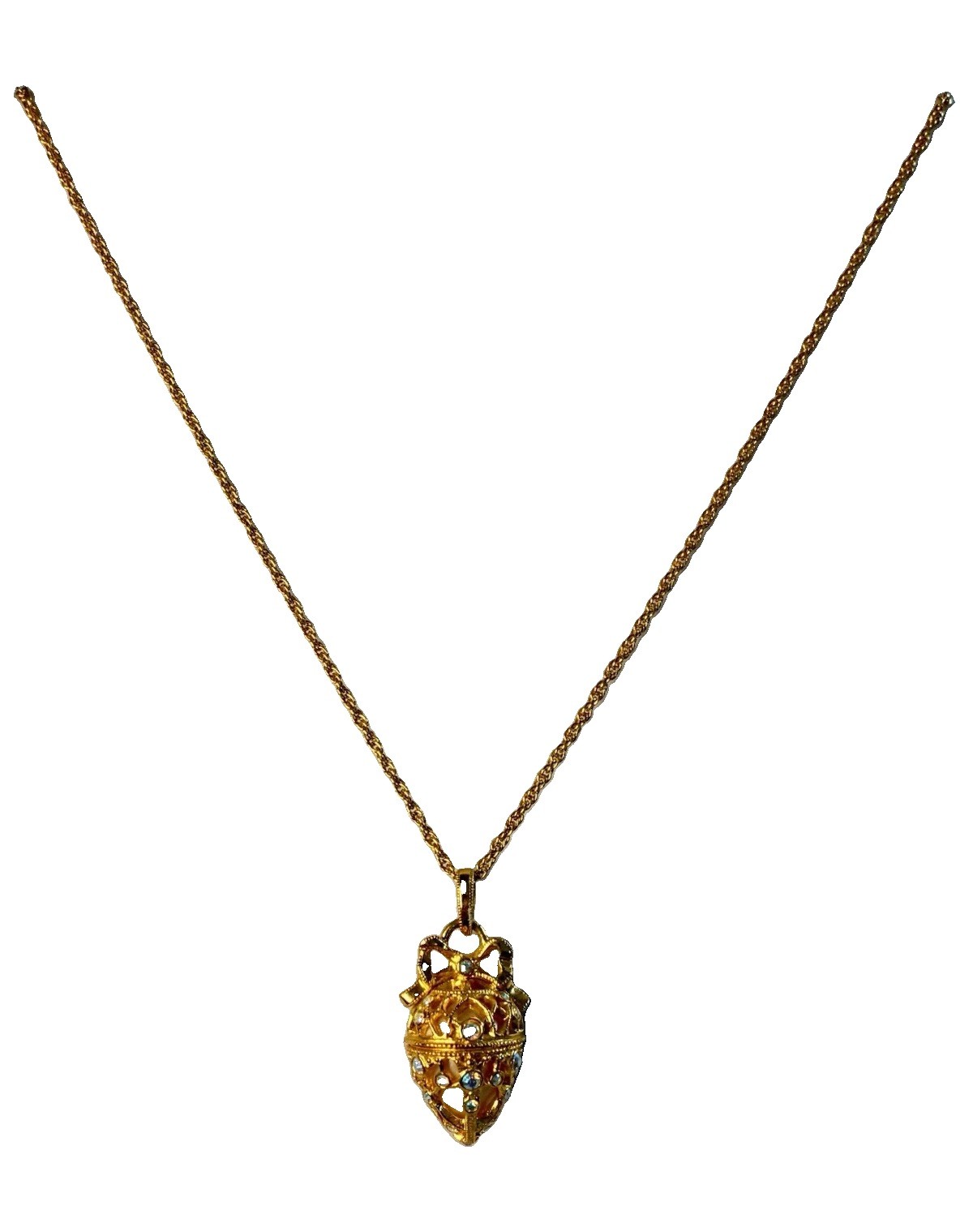 Joan Rivers Gold Fabergé Egg Pendant Clear Rhinestone Rope 30in Signed