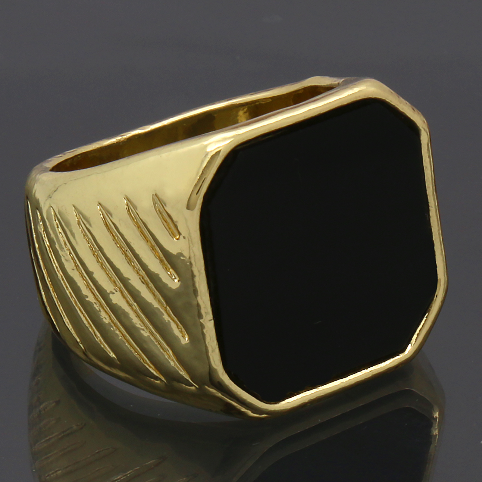 Mens 14k Gold Plated Hip Hop Style Black Top Pinky Ring