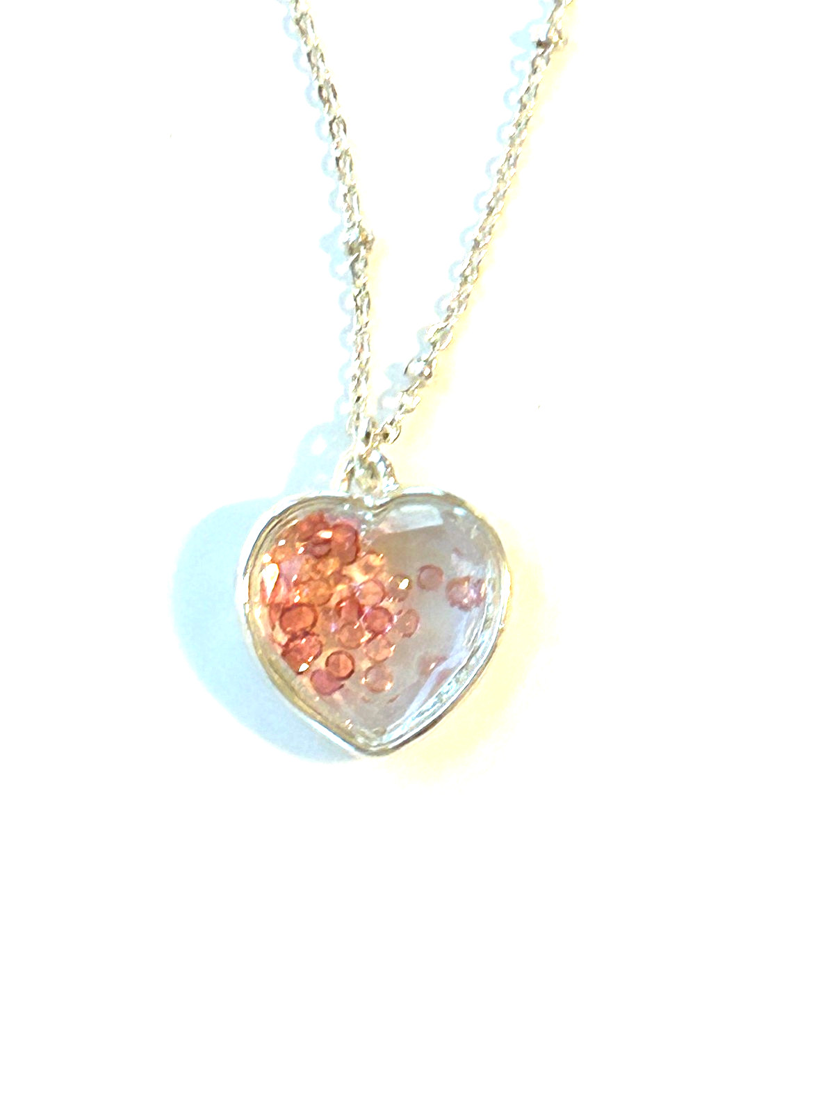 Heart-Shaped Pink Sequins Shaker Pendant Necklace, Silver Toned