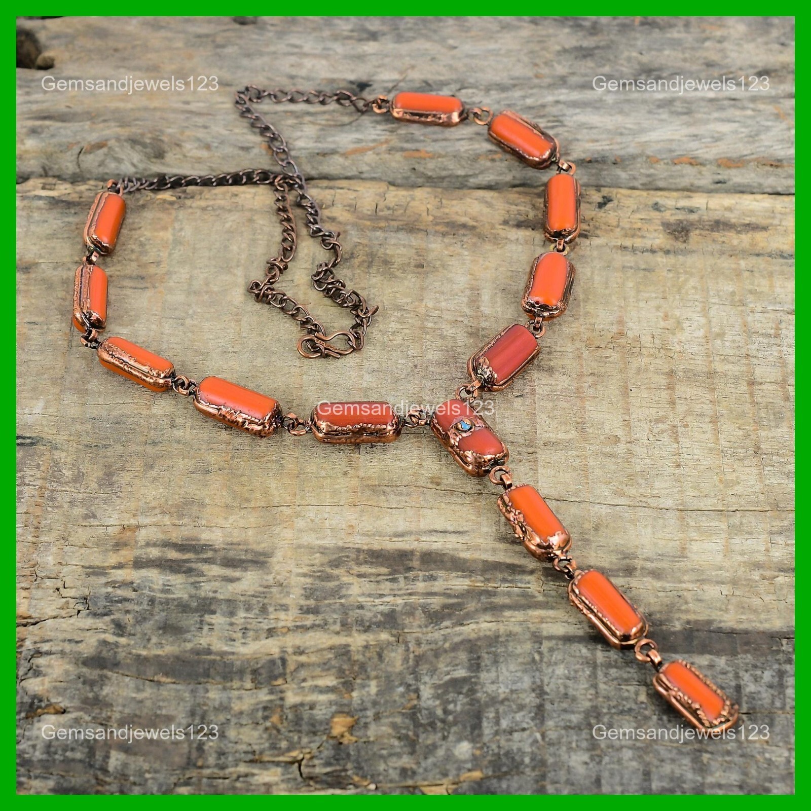 Natural Red Coral Turquoise Copper Mother Electroformed Handmade Chain Necklace