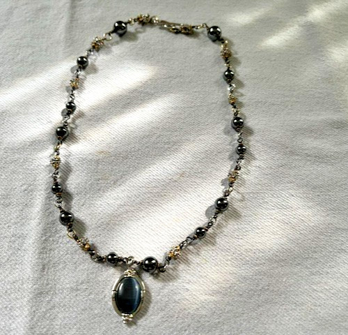 HEMATITE GRAY BEAD NECKLACE WITH SILVER/GOLD TONED SPACERS AND CABACHON PENDANT